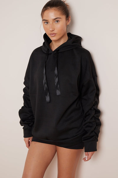 PLUS SIZE RUCHED SLEEVE HOODIE WITH RIBBON
