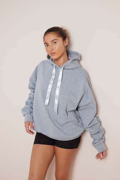 PLUS SIZE RUCHED SLEEVE HOODIE WITH RIBBON