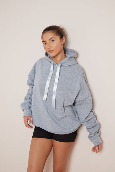 RUCHED SLEEVE HOODIE WITH RIBBON DETAIL