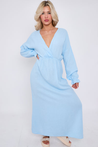 V-neck Slit Cotton and Linen Dress
