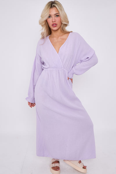 V-neck Slit Cotton and Linen Dress