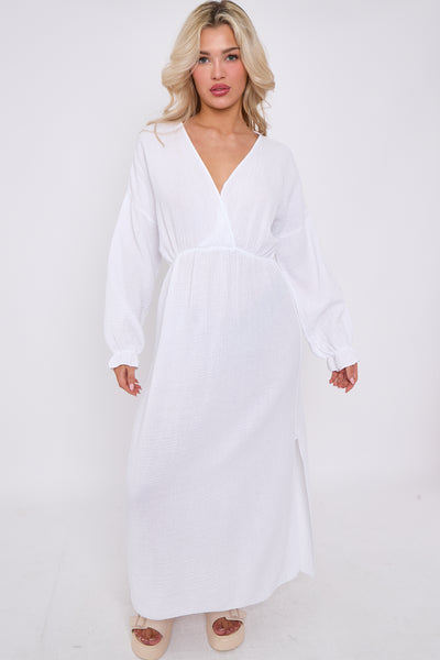 V-neck Slit Cotton and Linen Dress