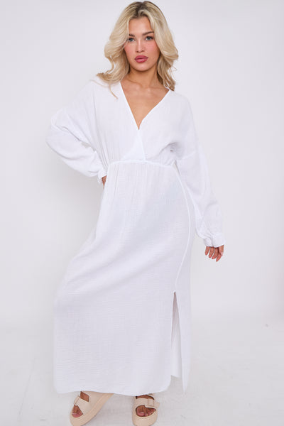 V-neck Slit Cotton and Linen Dress