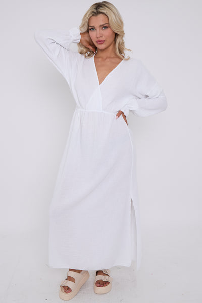 V-neck Slit Cotton and Linen Dress