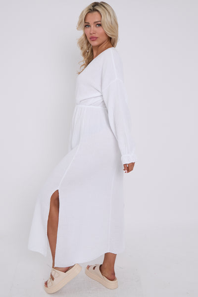 V-neck Slit Cotton and Linen Dress