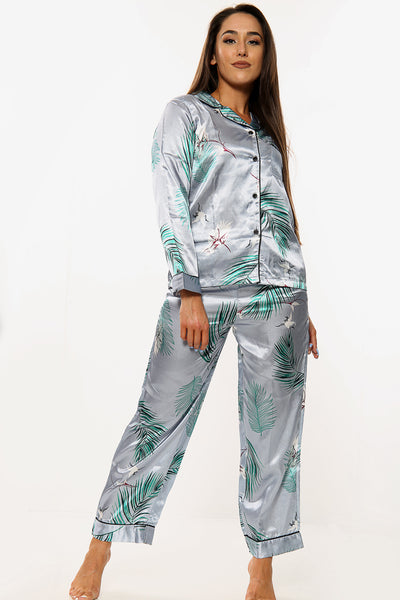 Leaf Print Satin PJ Set