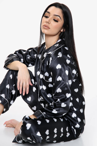 Heart Print Satin PJ Set