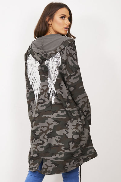 CAMO SEQUIN ANGEL WING HOODED CARDIGAN