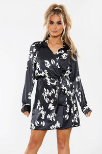 Floral Print Collared Mini Wrap Dress