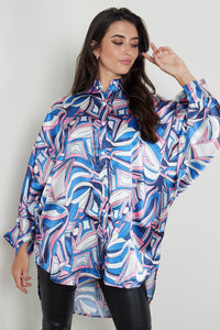 PRINTED OVERSIZED DIP HEM SATIN SHIRT DRESS