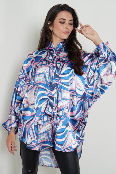 PRINTED OVERSIZED DIP HEM SATIN SHIRT DRESS