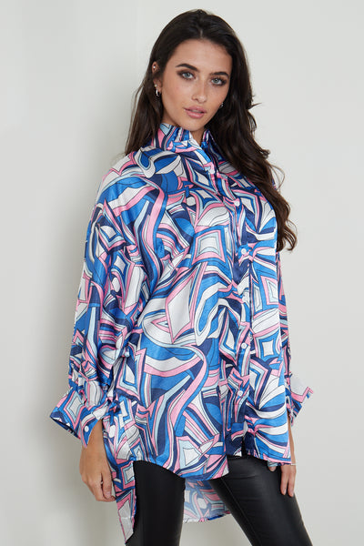 PRINTED OVERSIZED DIP HEM SATIN SHIRT DRESS