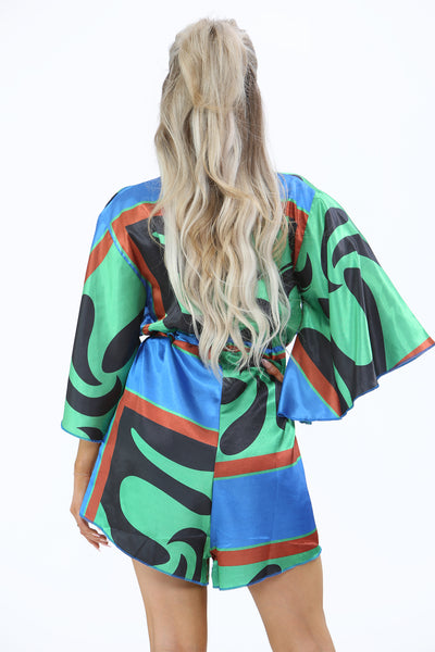 Printed Drawstring Kimono Playsuit