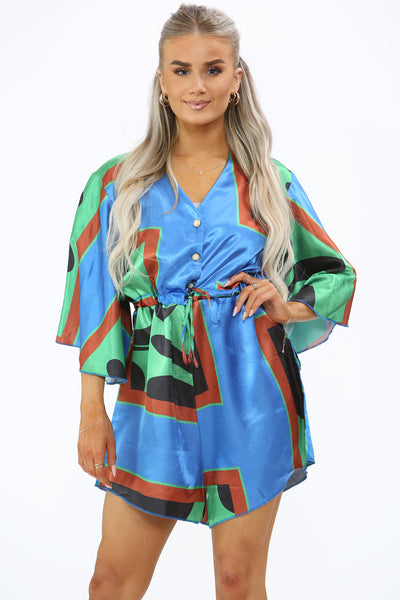 Printed Drawstring Kimono Playsuit