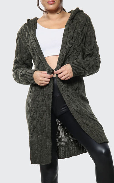 Chunky Cable Knitted Oversized Hooded Cardigan