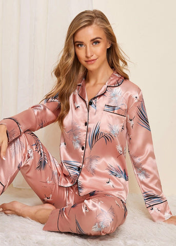 Leaf Print Satin PJ Set