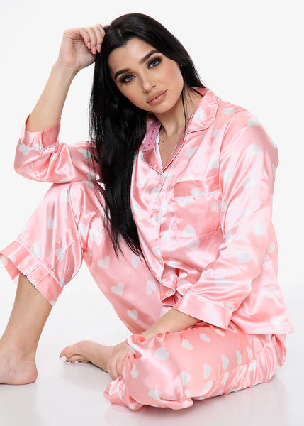 Heart Print Satin PJ Set