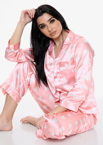 Heart Print Satin PJ Set