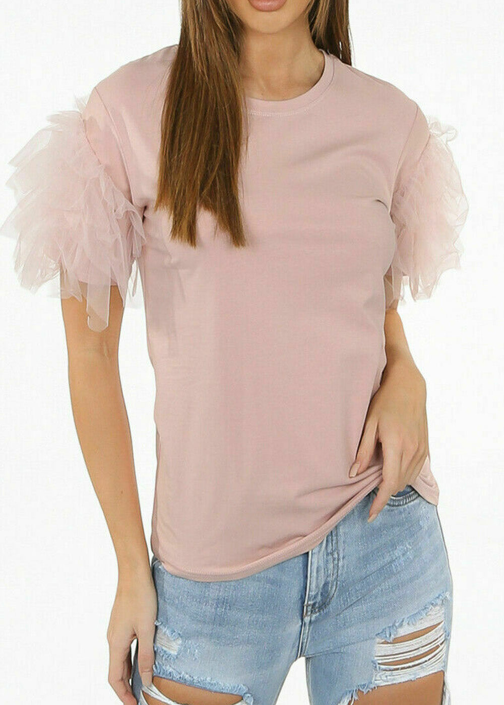 Ruffle Mesh Puff Sleeve Top