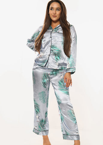 Leaf Print Satin PJ Set